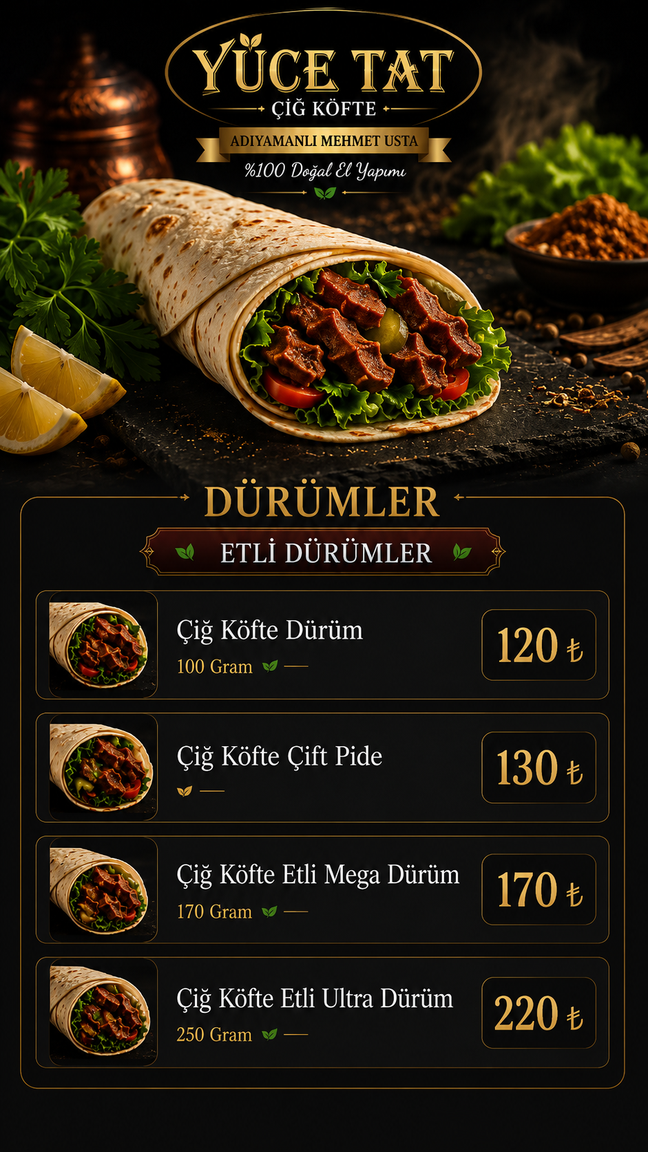 Yüce Tat etli dürümler menüsü