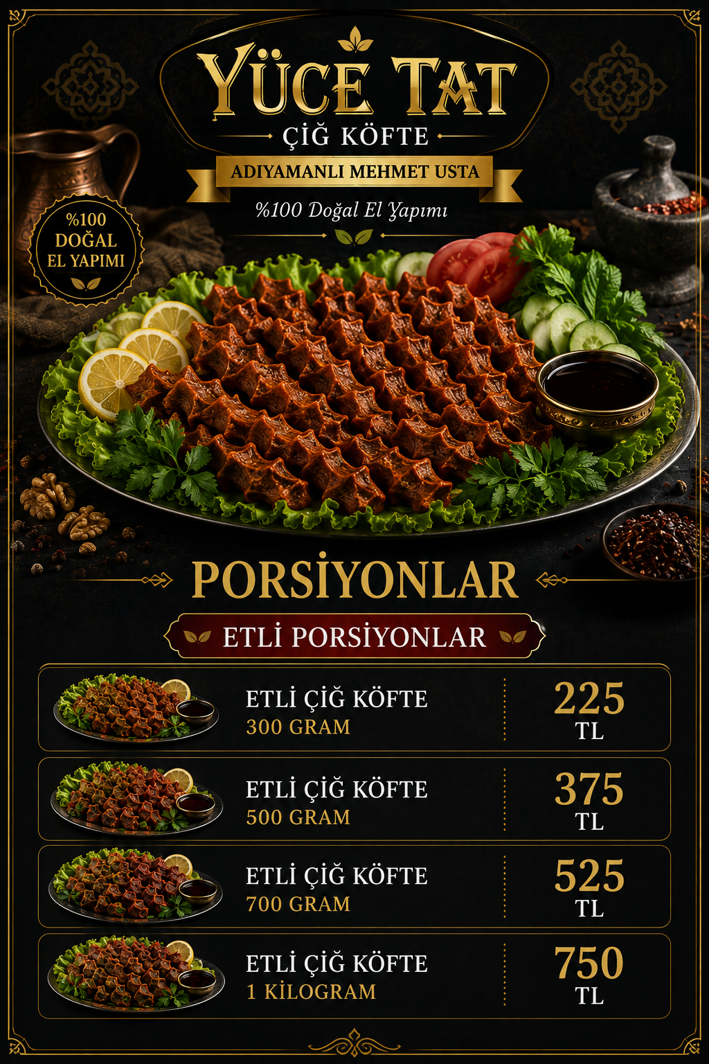 Yüce Tat etli porsiyonlar menüsü